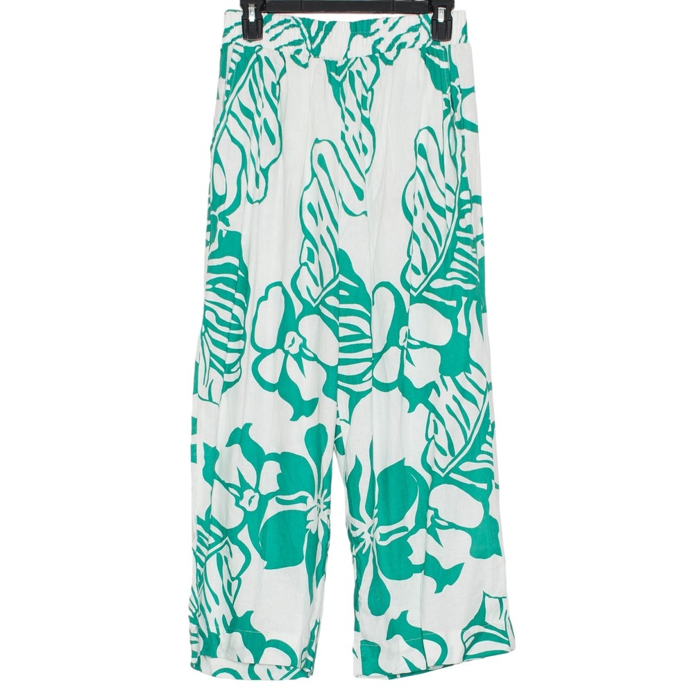 NWT Linen Blend Pants Pull On High Rise Crop Tropical White Green Panama Jack S